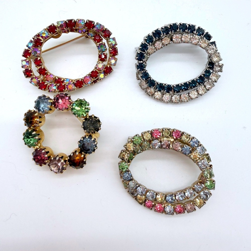 Vintage‎ Rhinestone Brooch Lot 4 Double Row Circle Wreath Red Blue AB